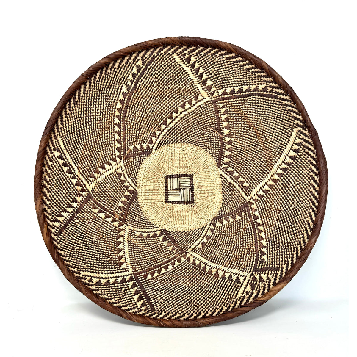 Set of Three Vintage Tongan Handwoven Round Baskets with Geometric Designs in Neutral Earth Tones from Zimbabwe