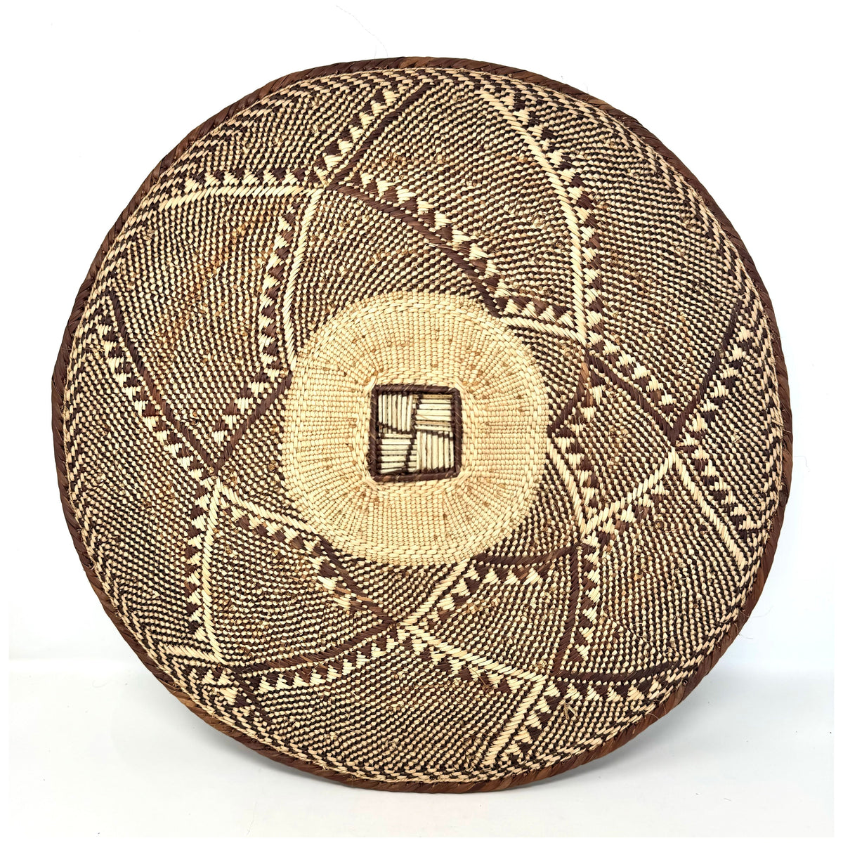 Set of Three Vintage Tongan Handwoven Round Baskets with Geometric Designs in Neutral Earth Tones from Zimbabwe