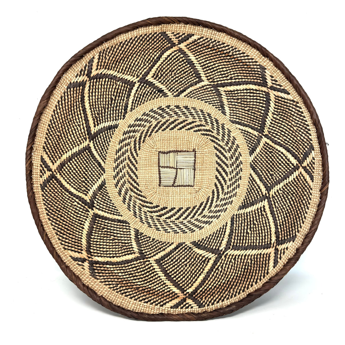 Set of Three Vintage Tongan Handwoven Round Baskets with Geometric Designs in Neutral Earth Tones from Zimbabwe