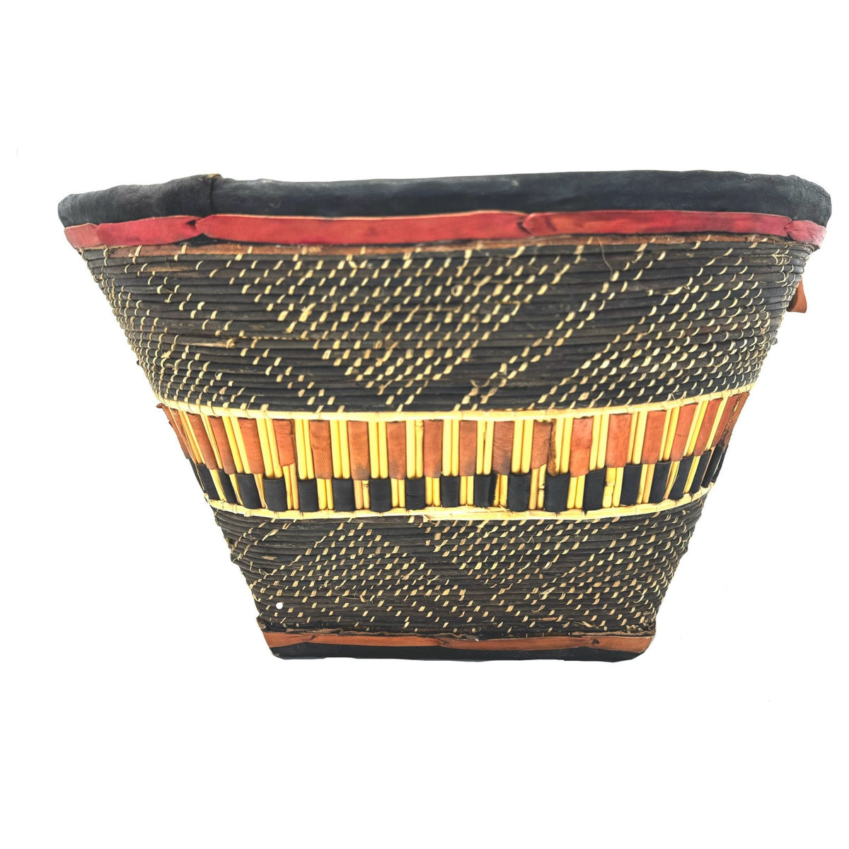 Vintage Burkina Faso Wedding Basket with Natural Buff, Black and Red Coloration Measuring 17.5 Inches Diameter by 9.5 Inches Tall