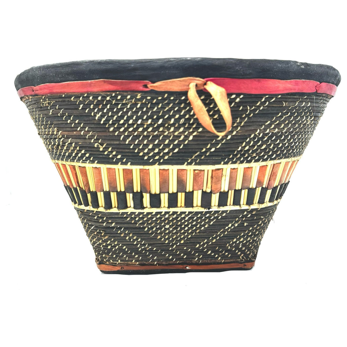 Vintage Burkina Faso Wedding Basket with Natural Buff, Black and Red Coloration Measuring 17.5 Inches Diameter by 9.5 Inches Tall