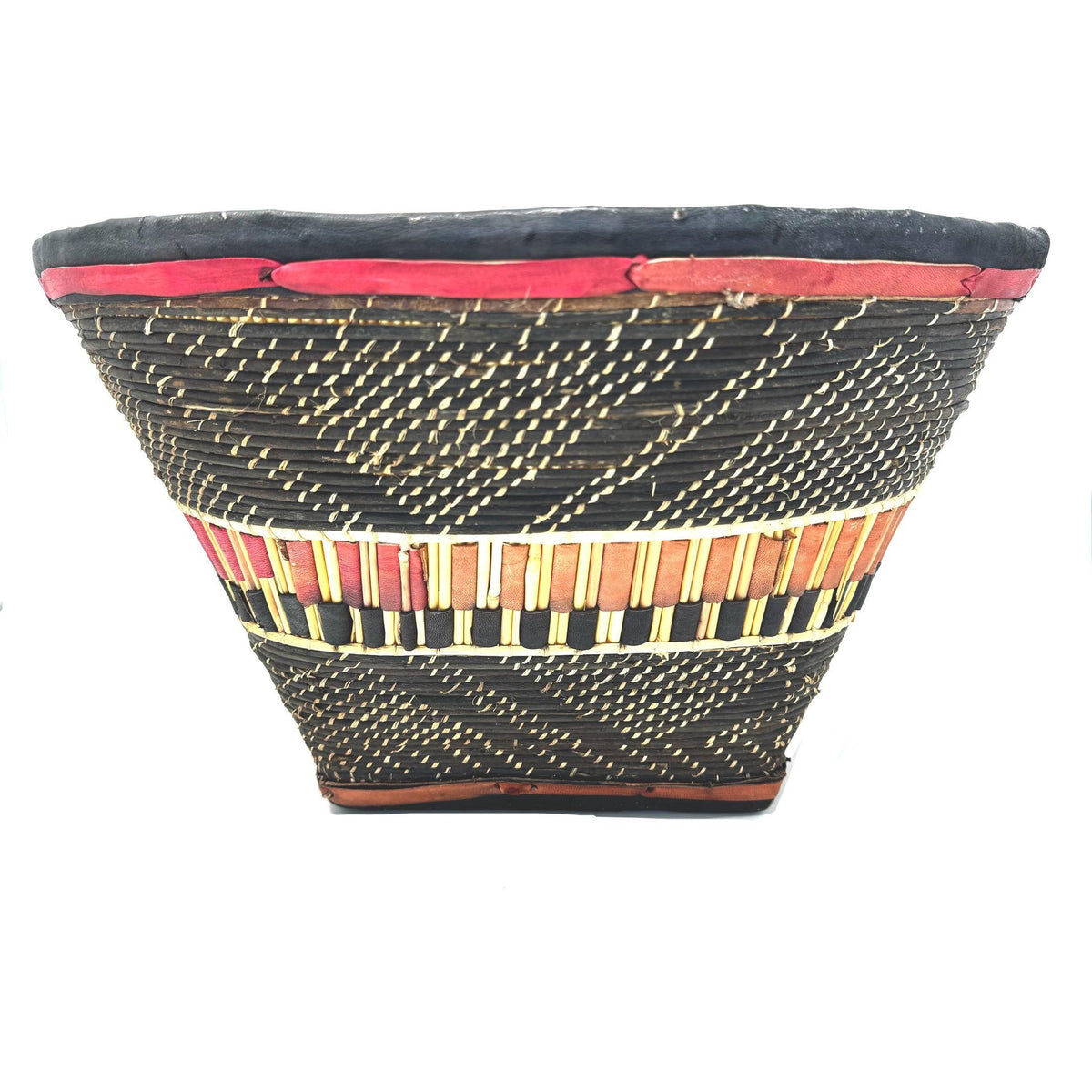 Vintage Burkina Faso Wedding Basket with Natural Buff, Black and Red Coloration Measuring 17.5 Inches Diameter by 9.5 Inches Tall