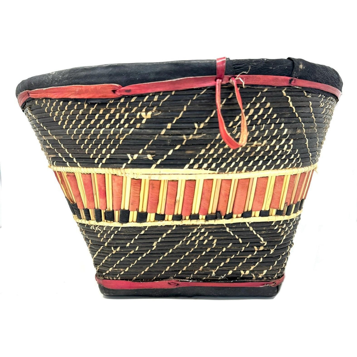 Vintage Burkina Faso Wedding Basket with Natural Buff, Black and Red Coloration Measuring 17 Inches Diameter by 10 Inches Tall