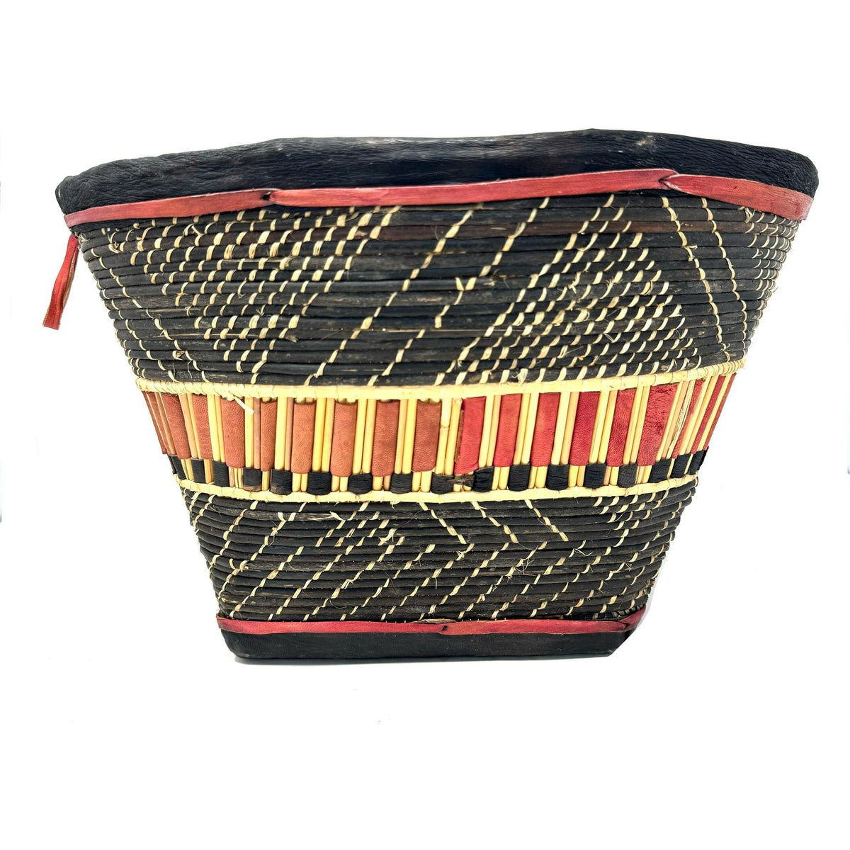 Vintage Burkina Faso Wedding Basket with Natural Buff, Black and Red Coloration Measuring 17 Inches Diameter by 10 Inches Tall