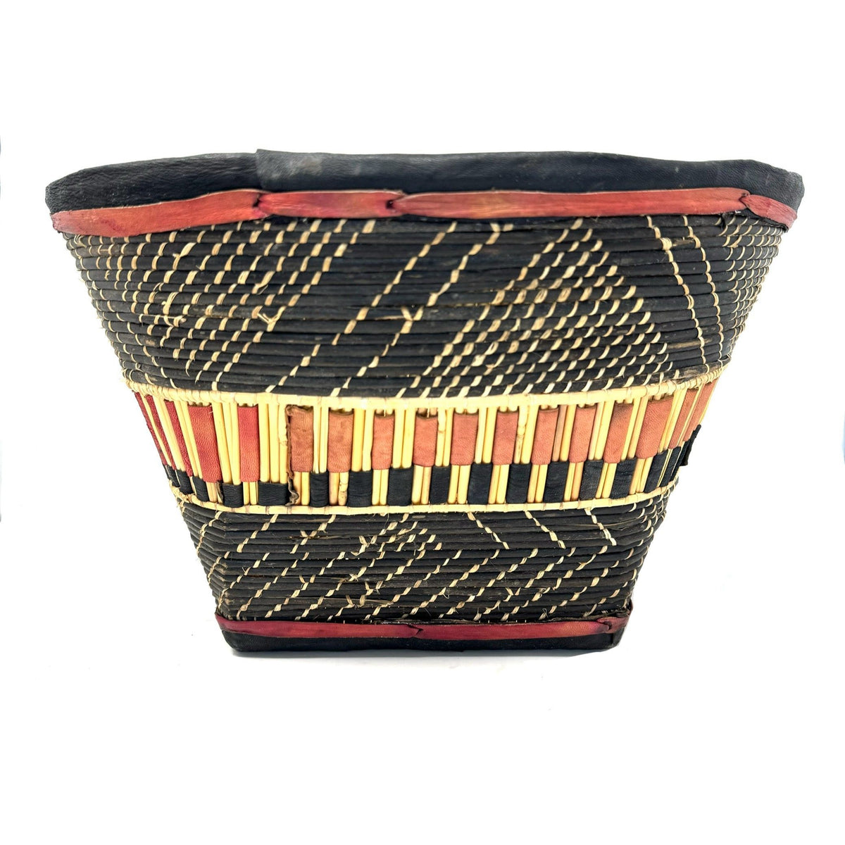 Vintage Burkina Faso Wedding Basket with Natural Buff, Black and Red Coloration Measuring 17 Inches Diameter by 10 Inches Tall