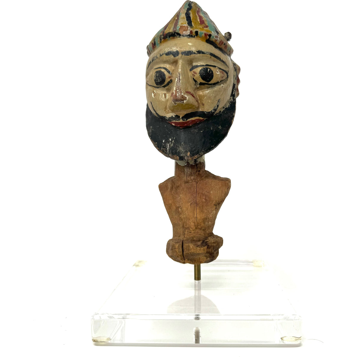 Antique Indian/Rajasthani Dual Puppet/Marionette Head on Custom Acrylic Stand Measuring 11.25 Inches Tall