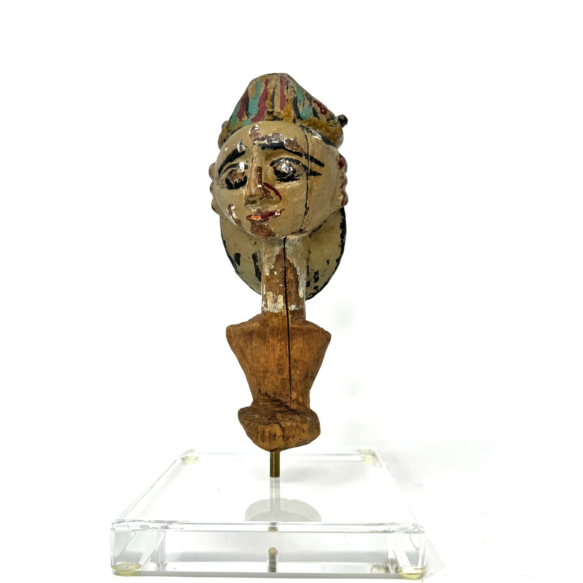 Antique Indian/Rajasthani Dual Puppet/Marionette Head on Custom Acrylic Stand Measuring 11.25 Inches Tall