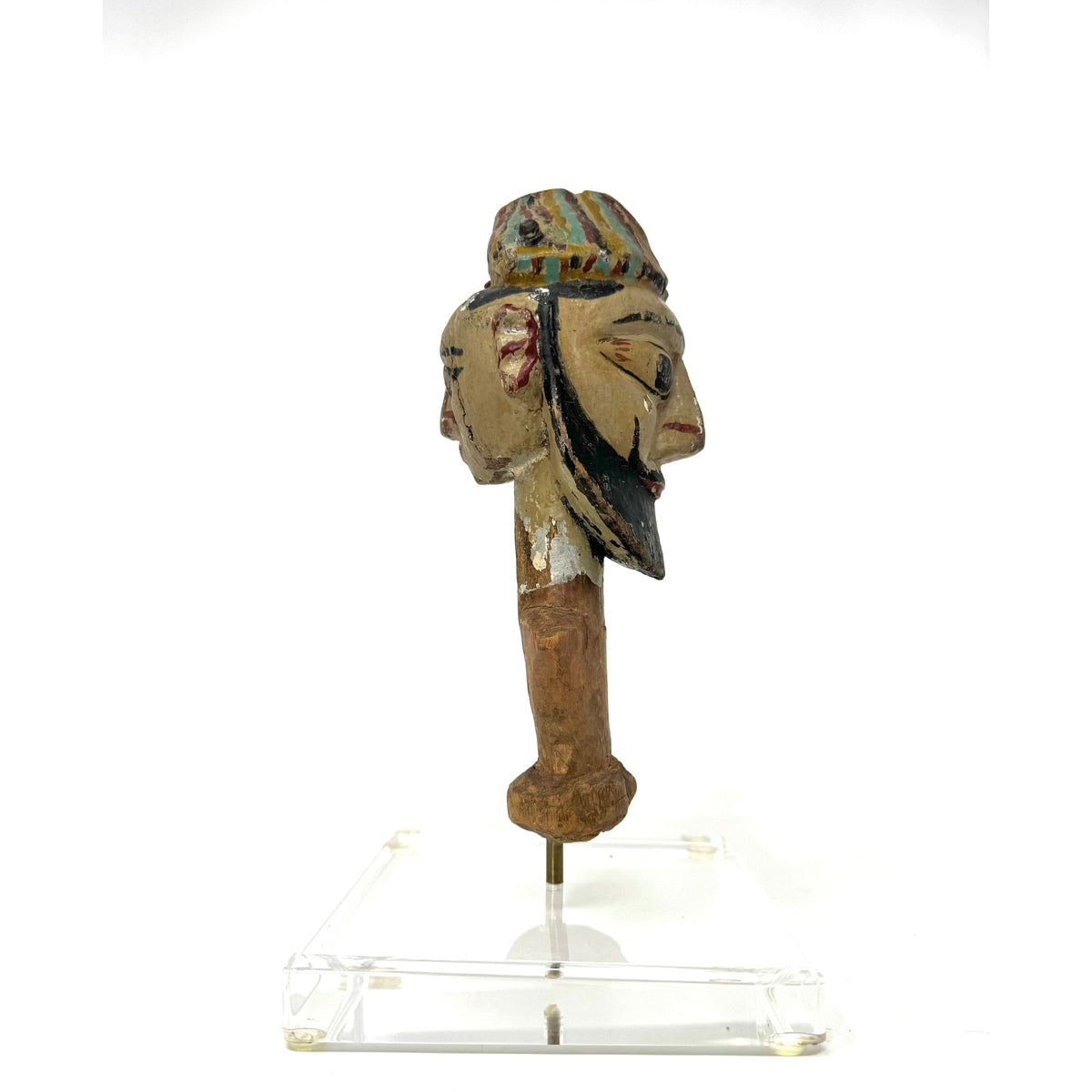 Antique Indian/Rajasthani Dual Puppet/Marionette Head on Custom Acrylic Stand Measuring 11.25 Inches Tall