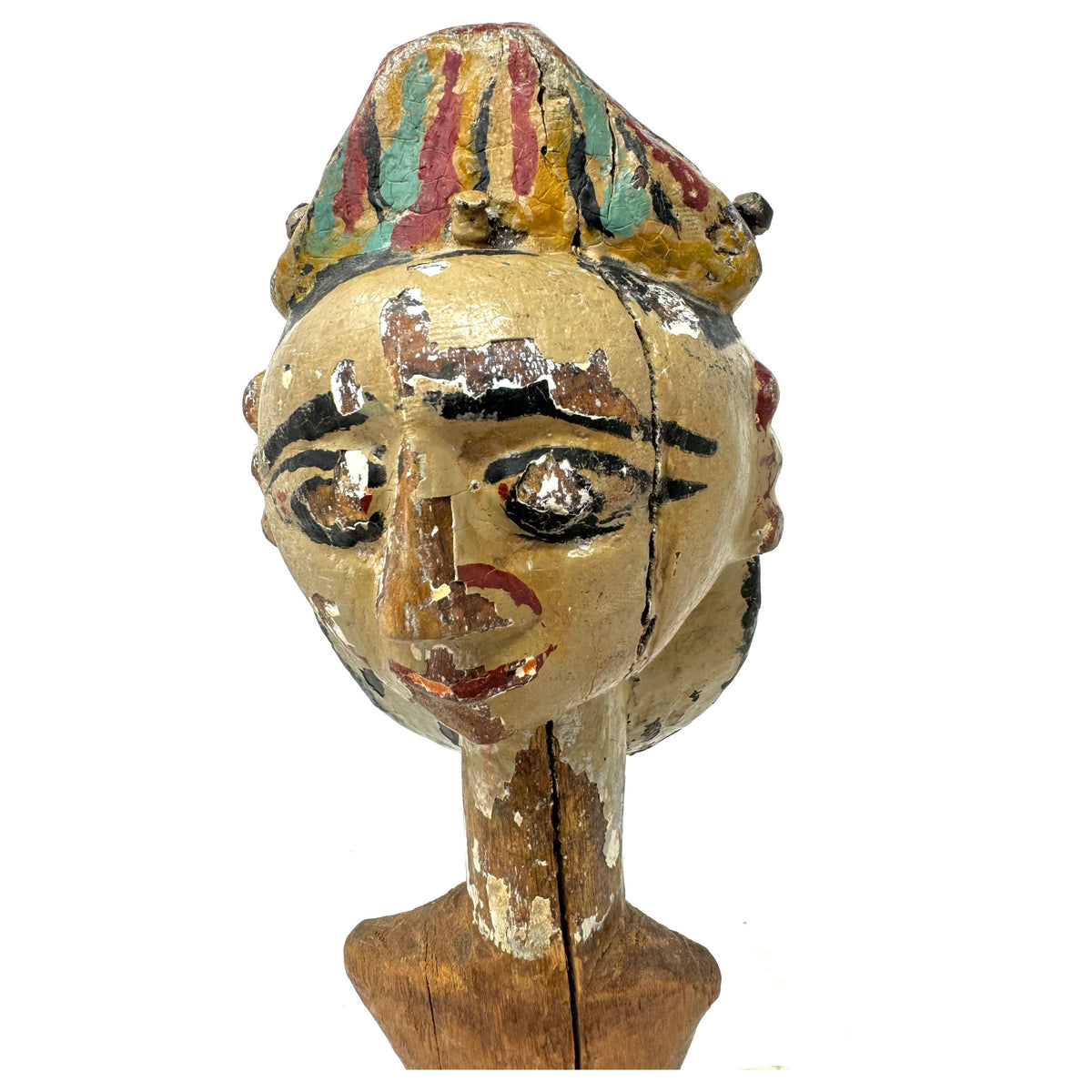 Antique Indian/Rajasthani Dual Puppet/Marionette Head on Custom Acrylic Stand Measuring 11.25 Inches Tall