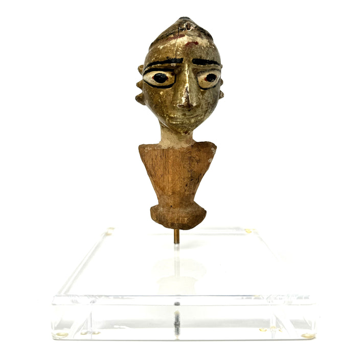 Early-1900s wooden puppet/marionette "Kathputlis" head from Rajasthan, India.