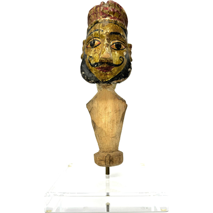 Early-1900s wooden puppet/marionette "Kathputlis" head from Rajasthan, India.