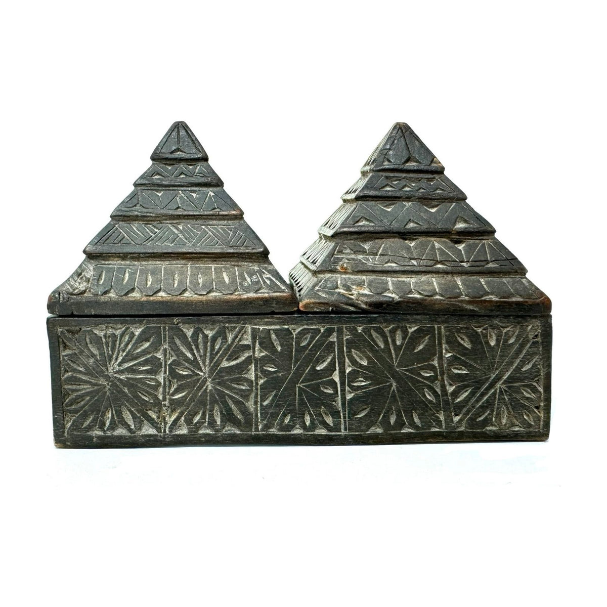 Vintage Hand-Carved Wooden Box with Two Sliding Tops/Lids from Nepal - 4.25" H X 5.5" L X 2.5" H