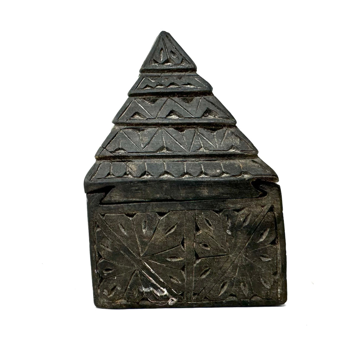 Vintage Hand-Carved Wooden Box with Two Sliding Tops/Lids from Nepal - 4.25" H X 5.5" L X 2.5" H