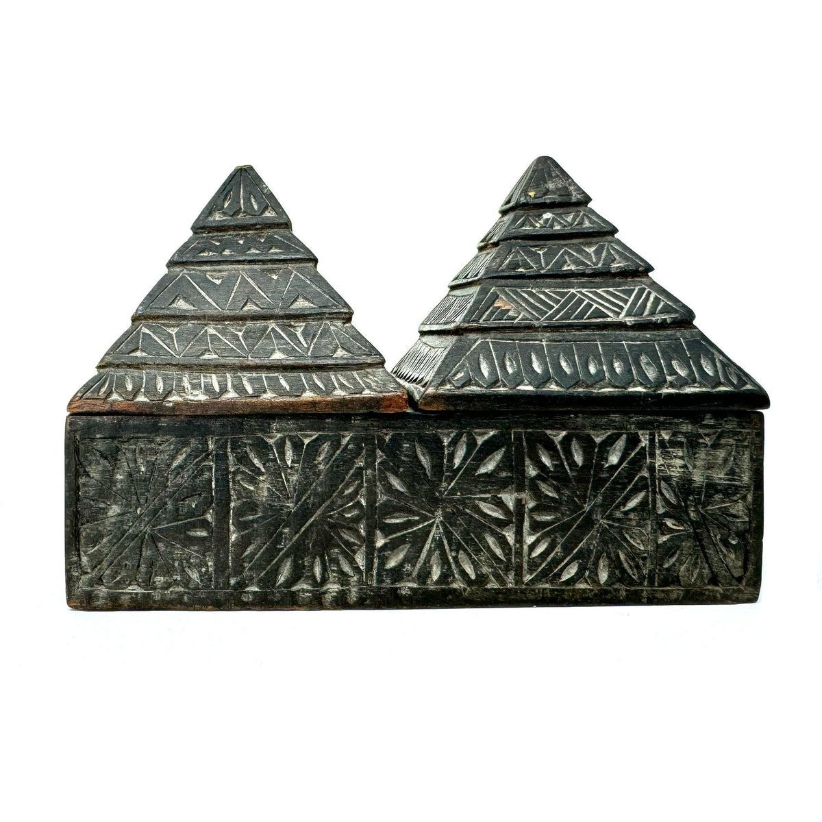 Vintage Hand-Carved Wooden Box with Two Sliding Tops/Lids from Nepal - 4.25" H X 5.5" L X 2.5" H