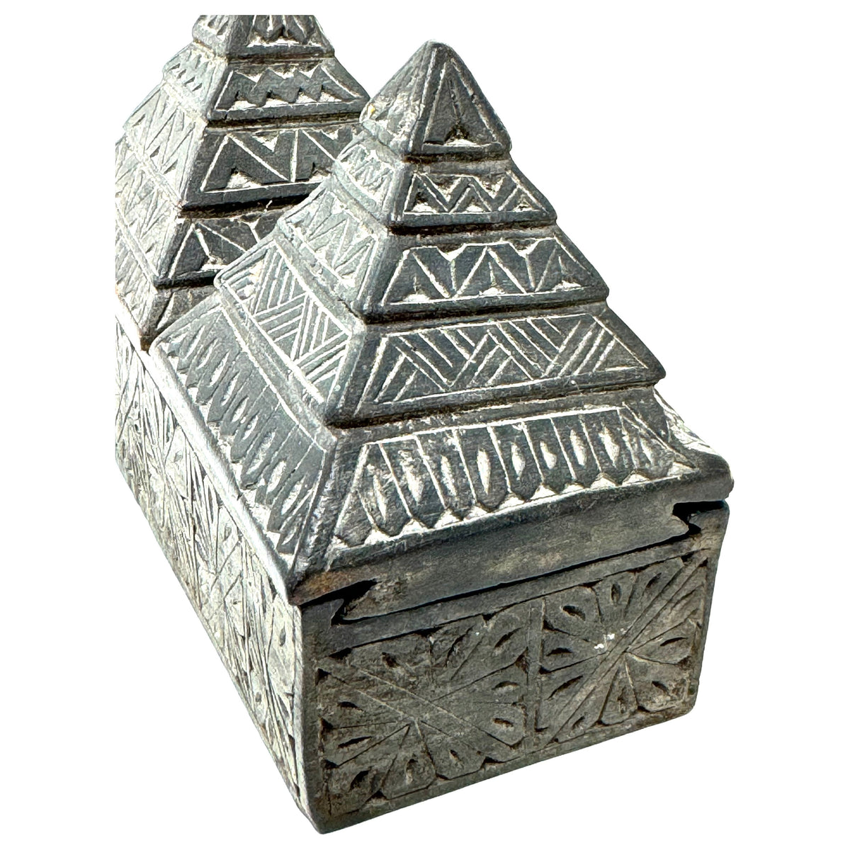 Vintage Hand-Carved Wooden Box with Two Sliding Tops/Lids from Nepal - 4.25" H X 5.5" L X 2.5" H