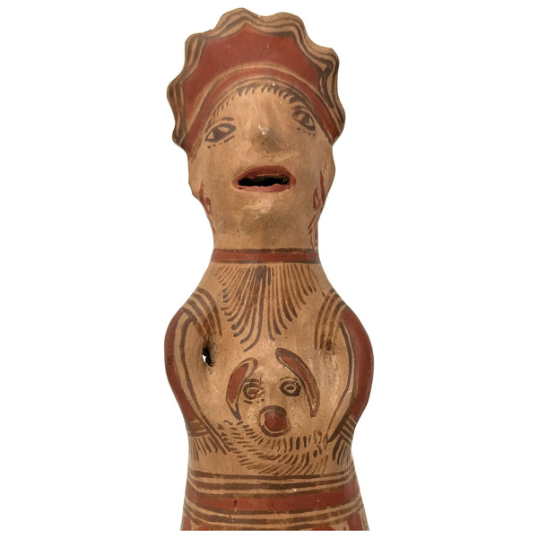 Vintage Nahua Terracotta Hand-Painted Figure of a Lady from Guerrero, Mexico - 9.25" H by 3.5" Diam. (No. 7)