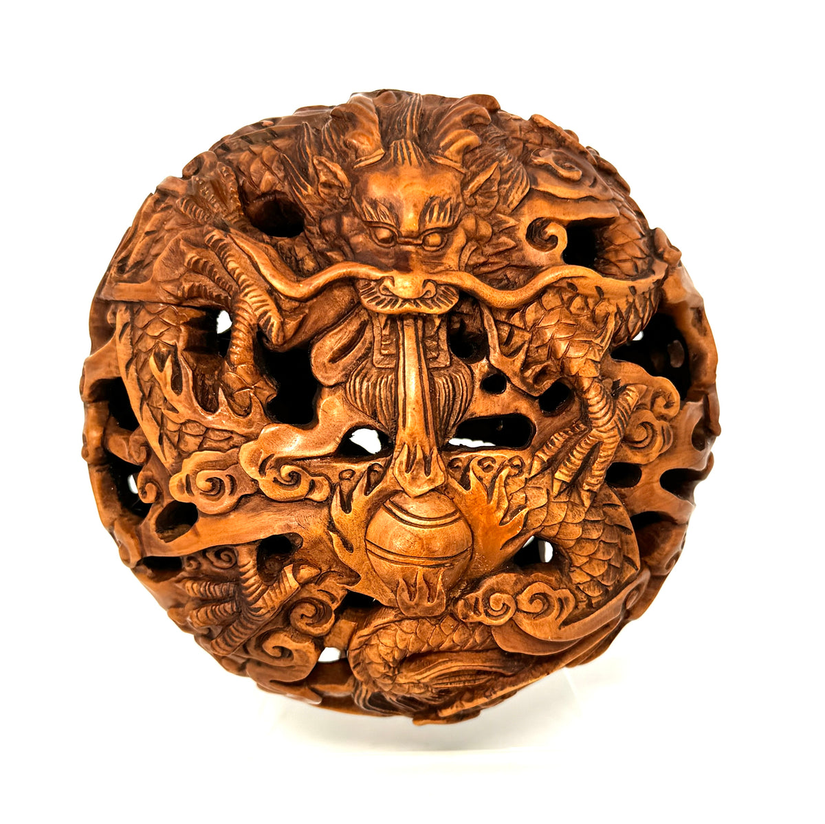 Chinese Hand-Carved Boxwood Ryusa-Style Netsuke Depicting Two Dragons with Stand - 4.5" H X 4" W X 3.5" D