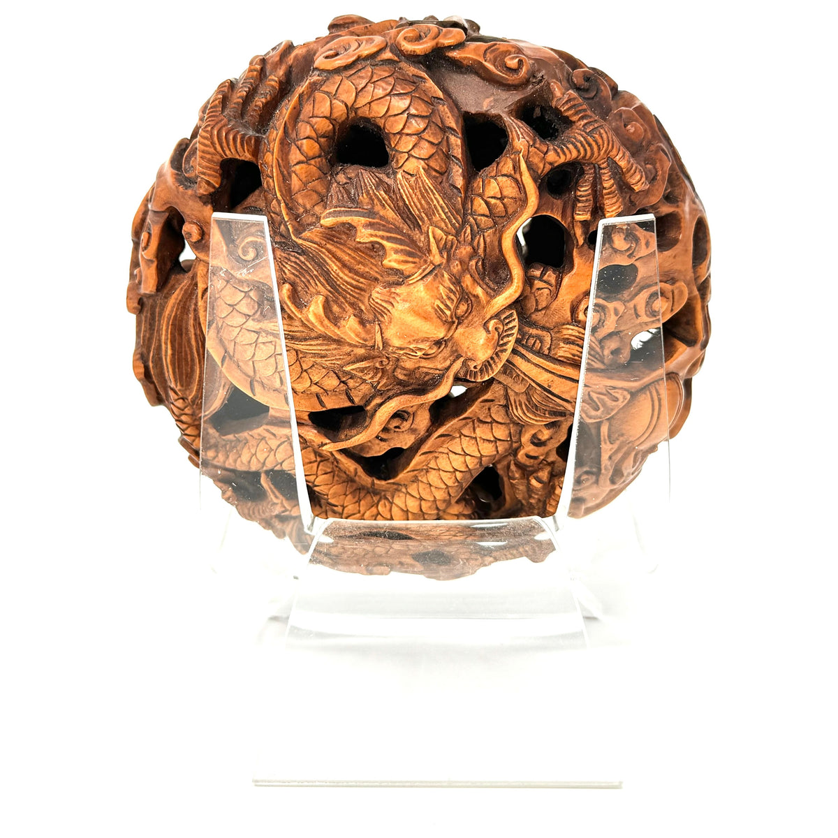 Chinese Hand-Carved Boxwood Ryusa-Style Netsuke Depicting Two Dragons with Stand - 4.5" H X 4" W X 3.5" D