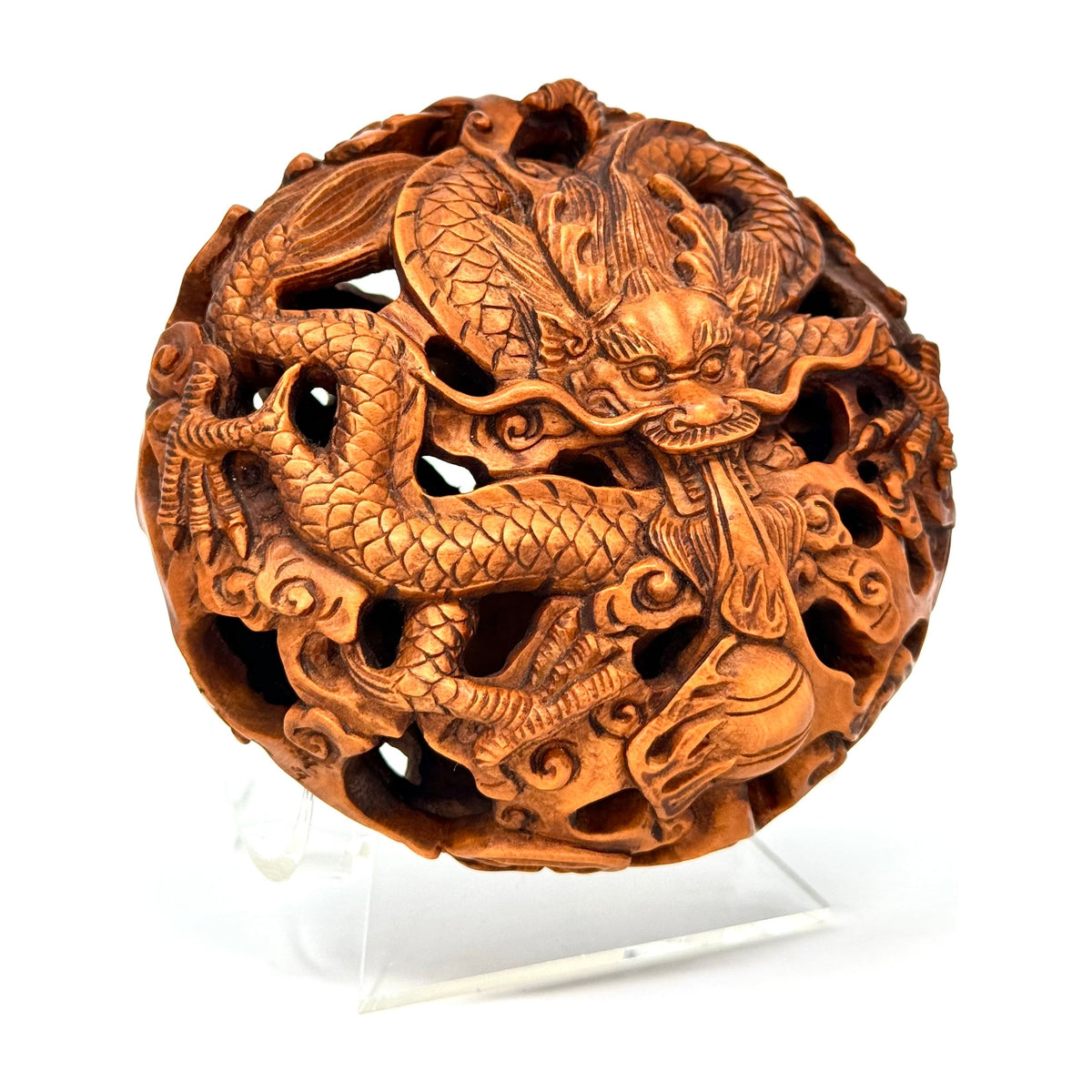 Chinese Hand-Carved Boxwood Ryusa-Style Netsuke Depicting Two Dragons with Stand - 4.5" H X 4" W X 3.5" D