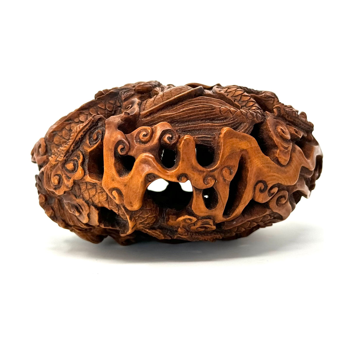 Chinese Hand-Carved Boxwood Ryusa-Style Netsuke Depicting Two Dragons with Stand - 4.5" H X 4" W X 3.5" D