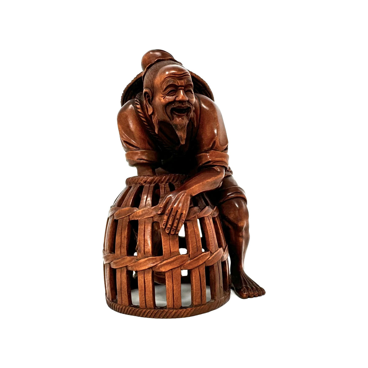 Chinese Netsuke-Style Hand-Carved Boxwood Fisherman with Basket & Fish - 4.5" H X 3" Diam.