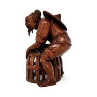 Chinese Netsuke-Style Hand-Carved Boxwood Fisherman with Basket & Fish - 4.5" H X 3" Diam.