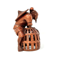 Chinese Netsuke-Style Hand-Carved Boxwood Fisherman with Basket & Fish - 4.5" H X 3" Diam.