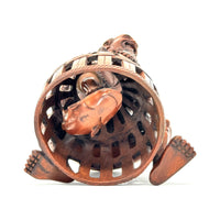 Chinese Netsuke-Style Hand-Carved Boxwood Fisherman with Basket & Fish - 4.5" H X 3" Diam.