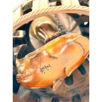 Chinese Netsuke-Style Hand-Carved Boxwood Fisherman with Basket & Fish - 4.5" H X 3" Diam.