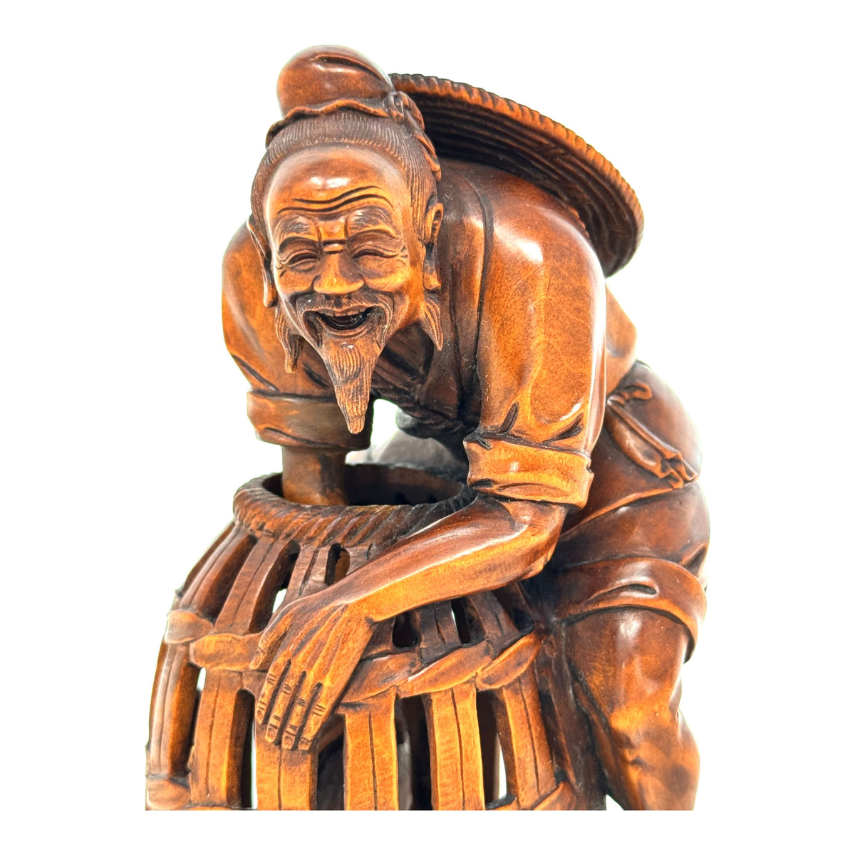 Chinese Netsuke-Style Hand-Carved Boxwood Fisherman with Basket & Fish - 4.5" H X 3" Diam.