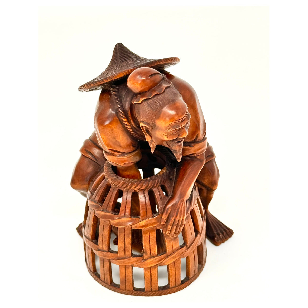 Chinese Netsuke-Style Hand-Carved Boxwood Fisherman with Basket & Fish - 4.5" H X 3" Diam.