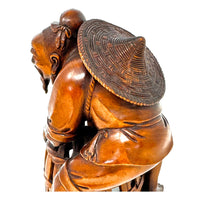 Chinese Netsuke-Style Hand-Carved Boxwood Fisherman with Basket & Fish - 4.5" H X 3" Diam.