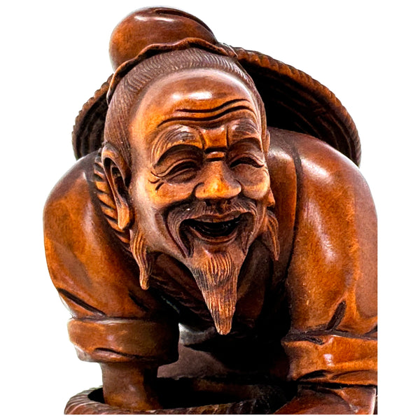 Chinese Netsuke-Style Hand-Carved Boxwood Fisherman with Basket & Fish - 4.5" H X 3" Diam.