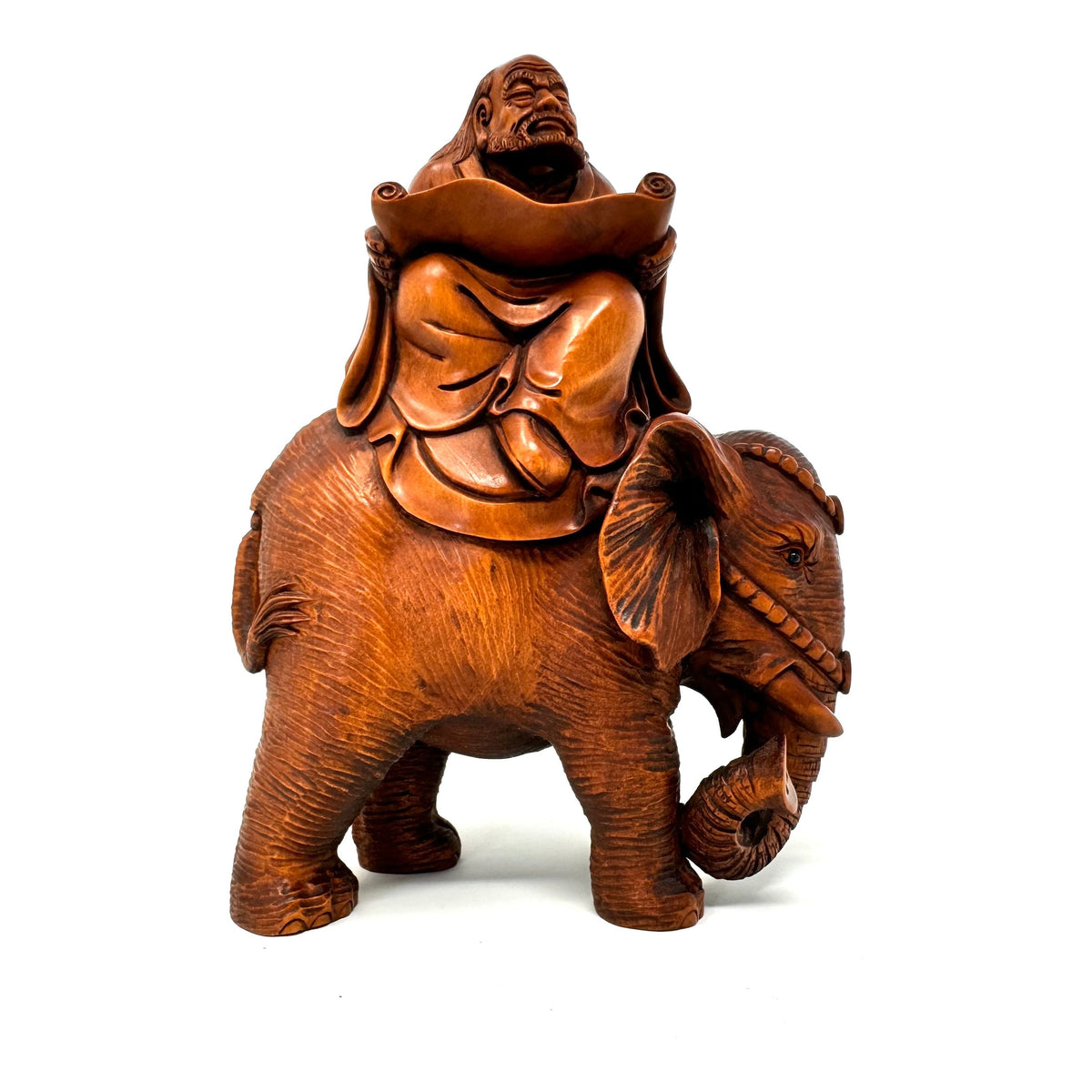 Chinese Netsuke-Style Hand-Carved Boxwood Sculpture of Rakan (Lohan) Kalika on Elephant - 6" H X 5" L X 2.75" W