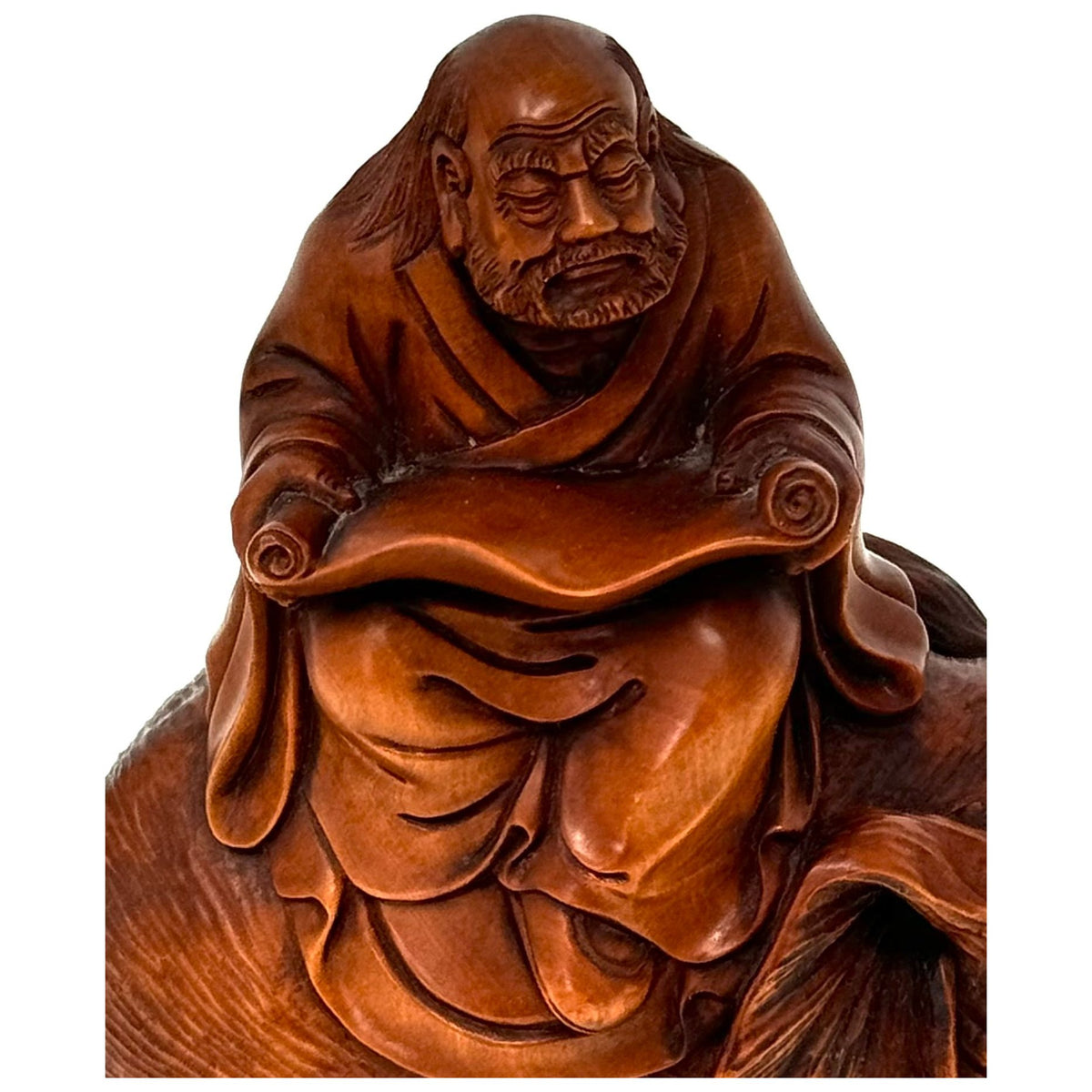 Chinese Netsuke-Style Hand-Carved Boxwood Sculpture of Rakan (Lohan) Kalika on Elephant - 6" H X 5" L X 2.75" W