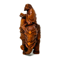 Chinese Netsuke-Style Hand-Carved Boxwood Sculpture of Rakan (Lohan) Kalika on Elephant - 6" H X 5" L X 2.75" W