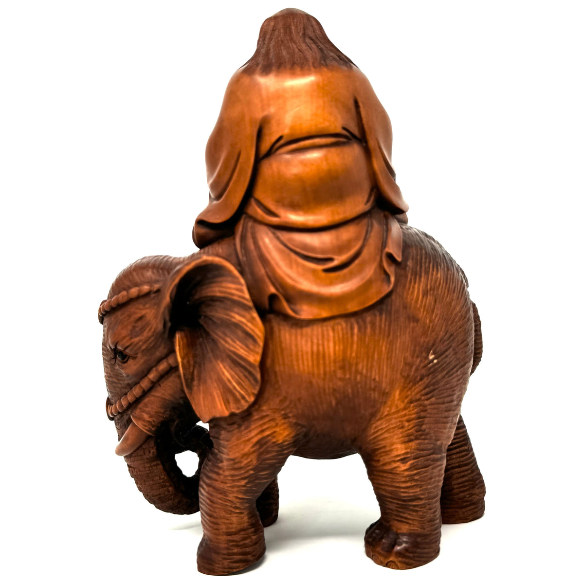 Chinese Netsuke-Style Hand-Carved Boxwood Sculpture of Rakan (Lohan) Kalika on Elephant - 6" H X 5" L X 2.75" W