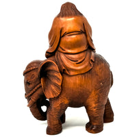 Chinese Netsuke-Style Hand-Carved Boxwood Sculpture of Rakan (Lohan) Kalika on Elephant - 6" H X 5" L X 2.75" W