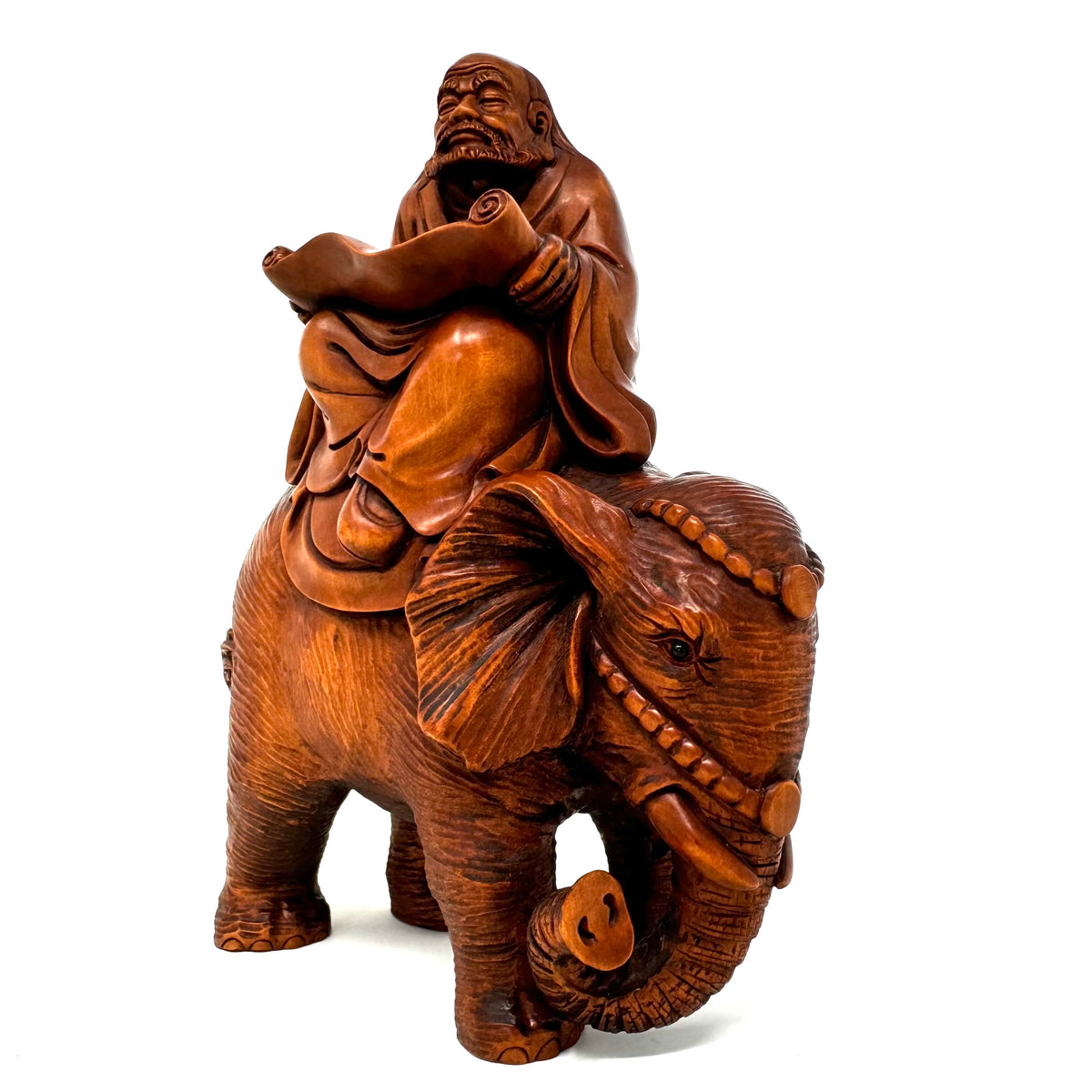 Chinese Netsuke-Style Hand-Carved Boxwood Sculpture of Rakan (Lohan) Kalika on Elephant - 6" H X 5" L X 2.75" W