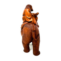 Chinese Netsuke-Style Hand-Carved Boxwood Sculpture of Rakan (Lohan) Kalika on Elephant - 6" H X 5" L X 2.75" W