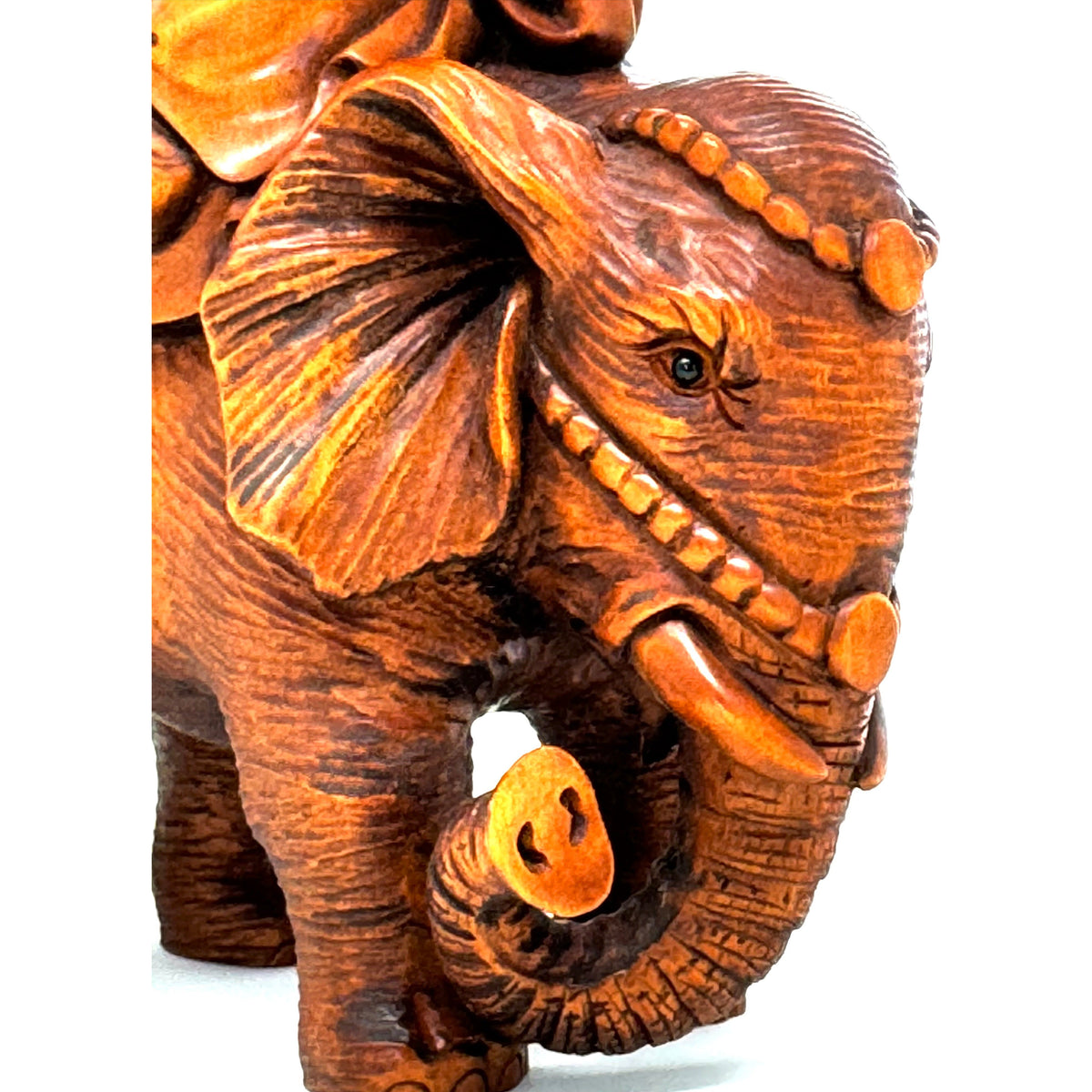 Chinese Netsuke-Style Hand-Carved Boxwood Sculpture of Rakan (Lohan) Kalika on Elephant - 6" H X 5" L X 2.75" W