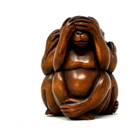 Chinese Netsuke-Style Hand-Carved Boxwood Trio of Monkeys "See No Evil, Hear No Evil & Speak No Evil" - 3" H X 2.5" Diam.