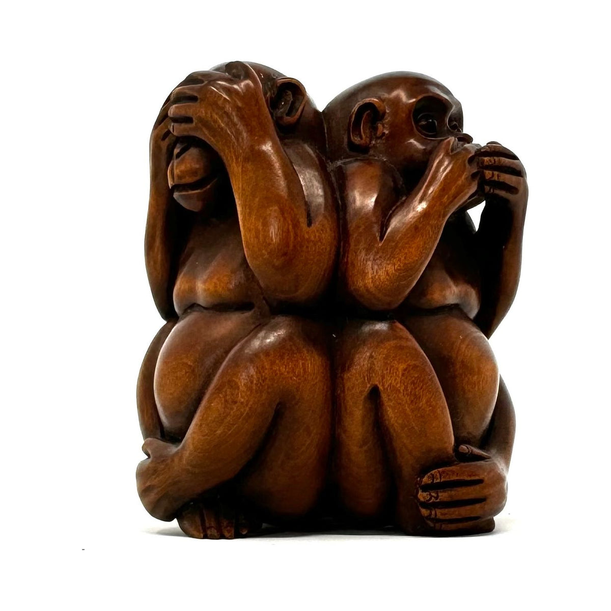 Chinese Netsuke-Style Hand-Carved Boxwood Trio of Monkeys "See No Evil, Hear No Evil & Speak No Evil" - 3" H X 2.5" Diam.