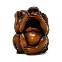 Chinese Netsuke-Style Hand-Carved Boxwood Trio of Monkeys "See No Evil, Hear No Evil & Speak No Evil" - 3" H X 2.5" Diam.