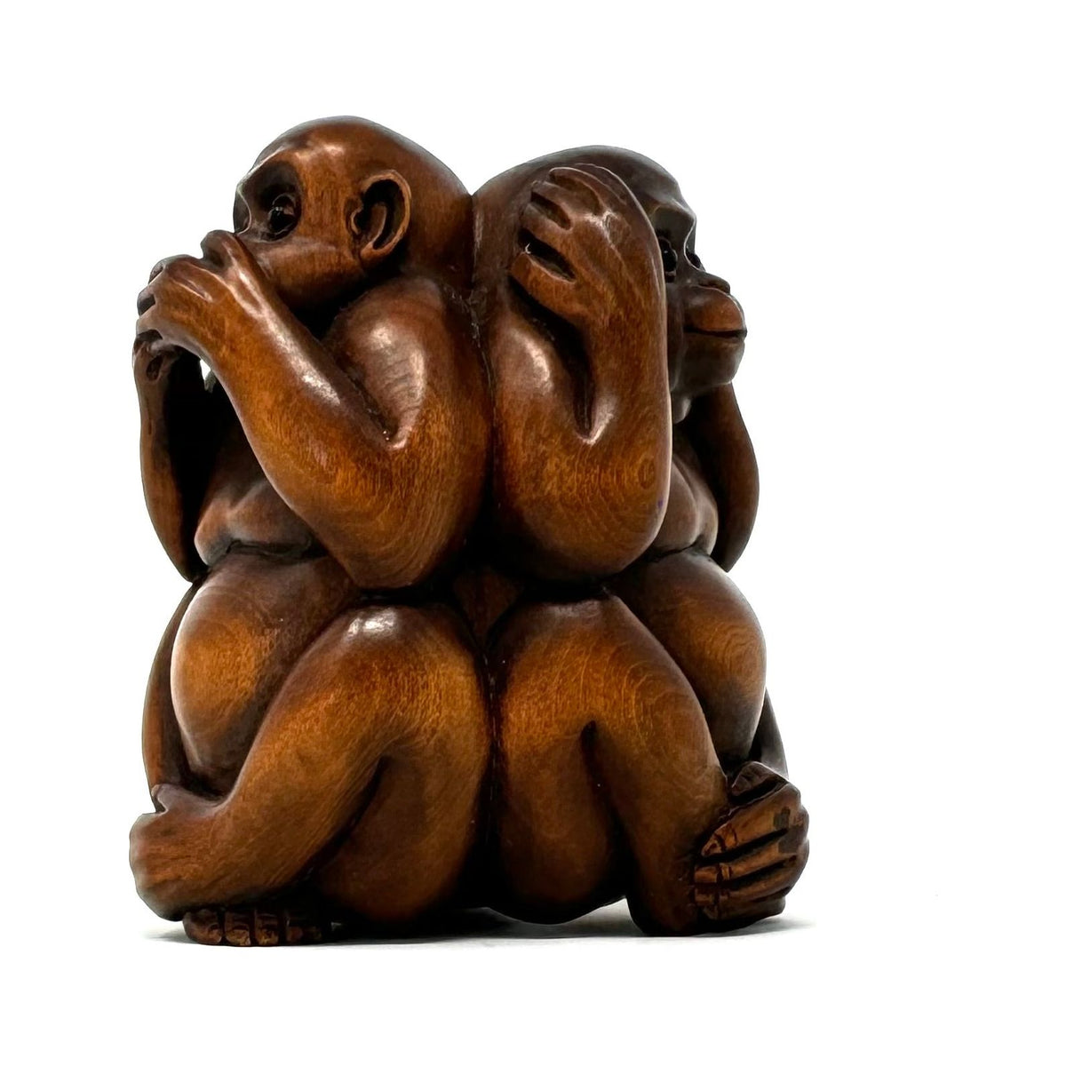 Chinese Netsuke-Style Hand-Carved Boxwood Trio of Monkeys "See No Evil, Hear No Evil & Speak No Evil" - 3" H X 2.5" Diam.