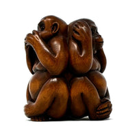 Chinese Netsuke-Style Hand-Carved Boxwood Trio of Monkeys "See No Evil, Hear No Evil & Speak No Evil" - 3" H X 2.5" Diam.