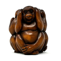 Chinese Netsuke-Style Hand-Carved Boxwood Trio of Monkeys "See No Evil, Hear No Evil & Speak No Evil" - 3" H X 2.5" Diam.