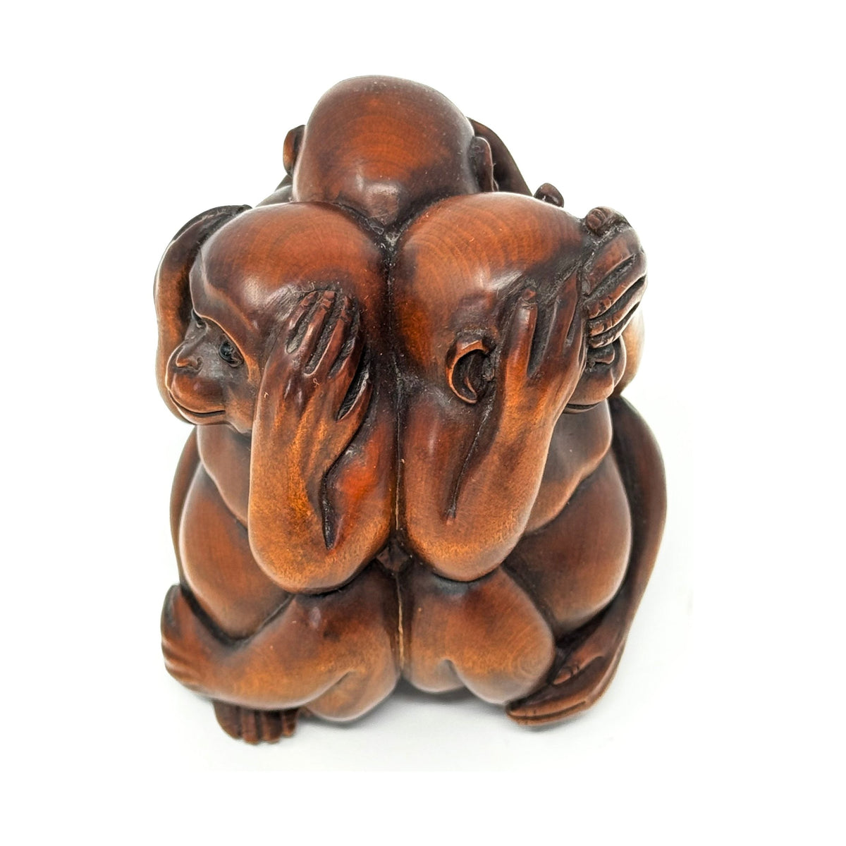 Chinese Netsuke-Style Hand-Carved Boxwood Trio of Monkeys "See No Evil, Hear No Evil & Speak No Evil" - 3" H X 2.5" Diam.