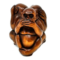 Chinese Netsuke-Style Hand-Carved Boxwood Trio of Monkeys "See No Evil, Hear No Evil & Speak No Evil" - 3" H X 2.5" Diam.