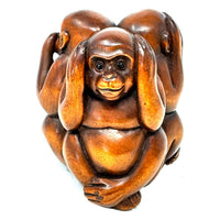 Chinese Netsuke-Style Hand-Carved Boxwood Trio of Monkeys "See No Evil, Hear No Evil & Speak No Evil" - 3" H X 2.5" Diam.